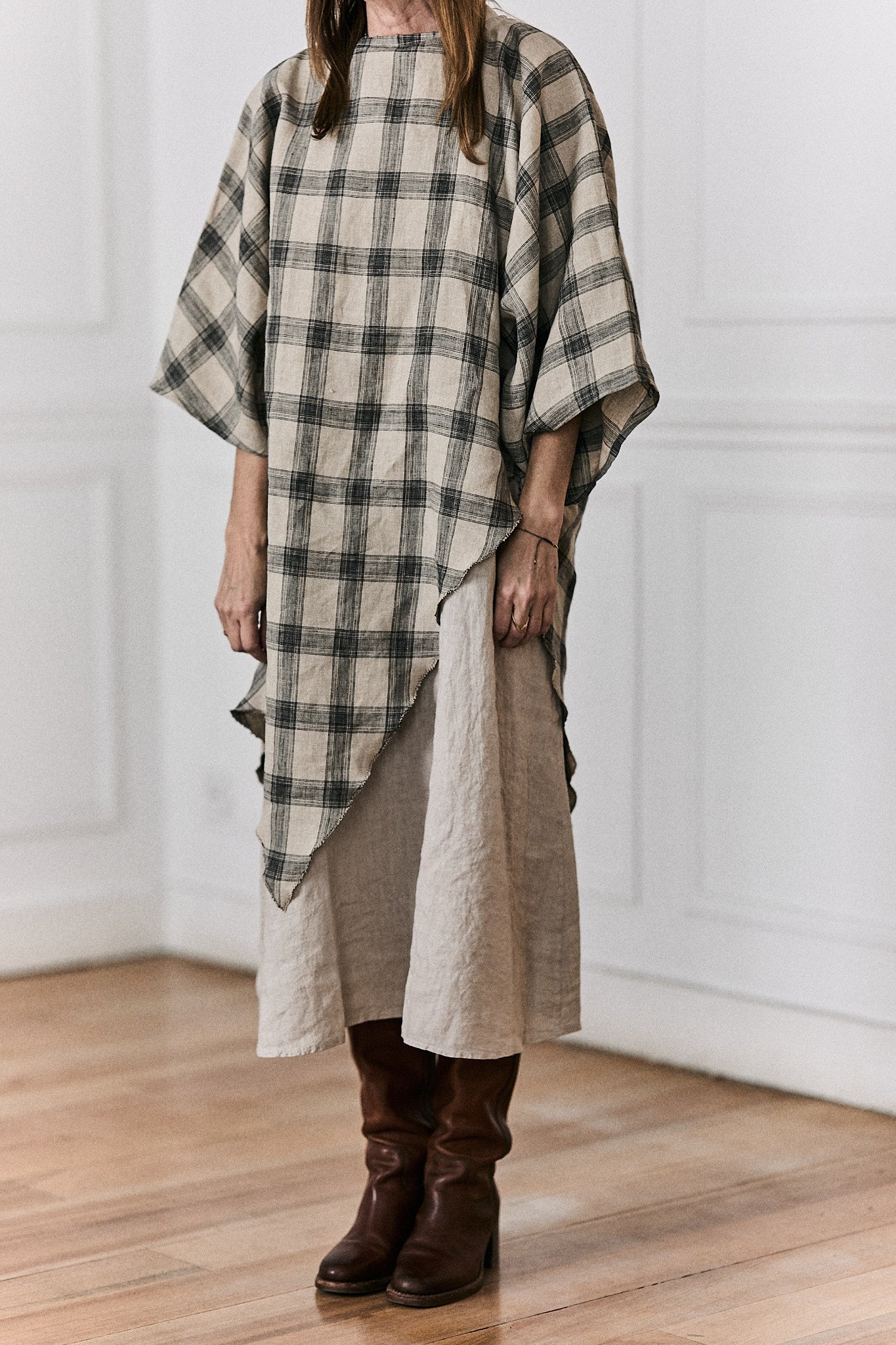 Poncho Martina 100% Lino Estampado Cuadros