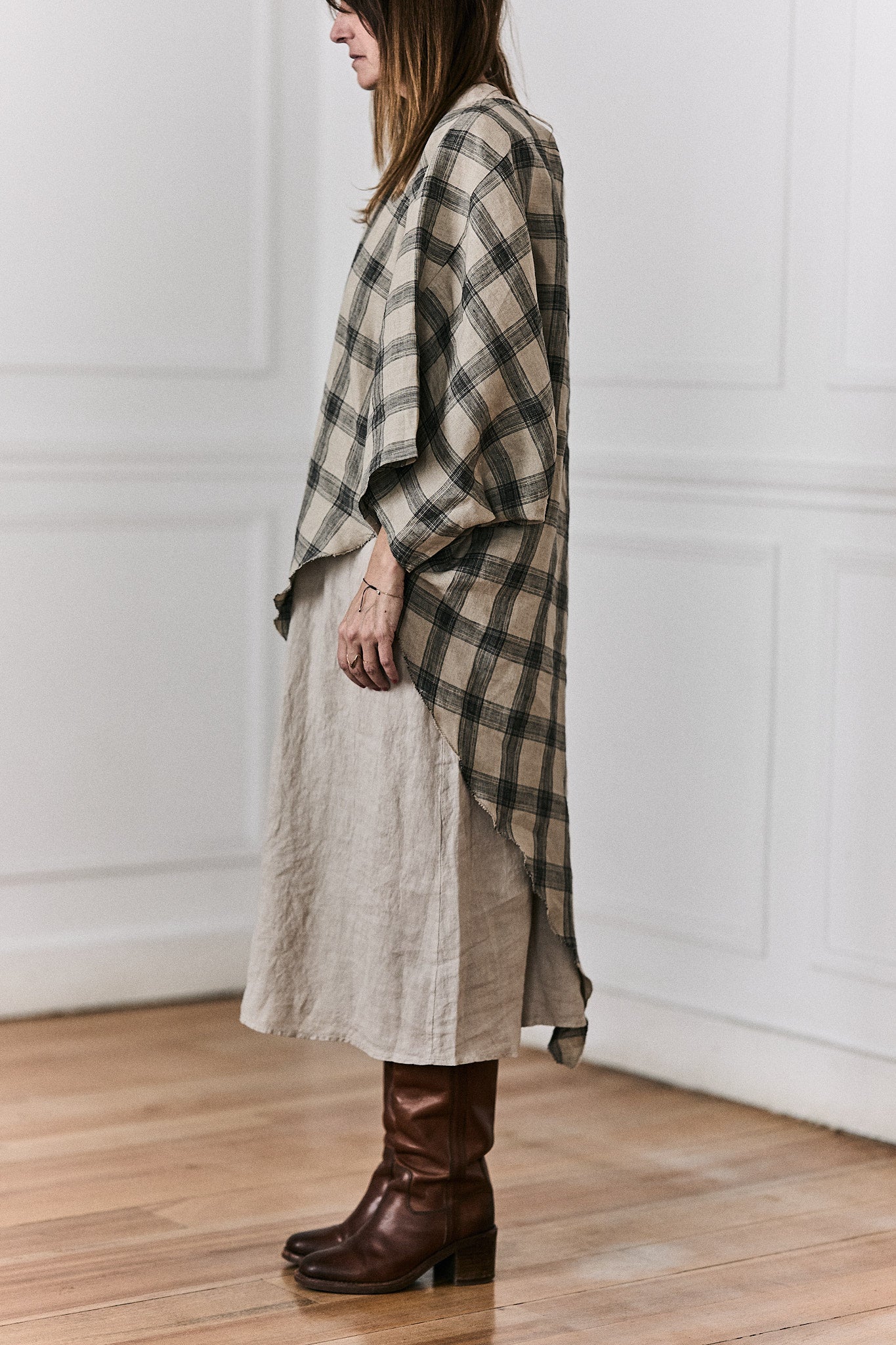 Poncho Martina 100% Lino Estampado Cuadros